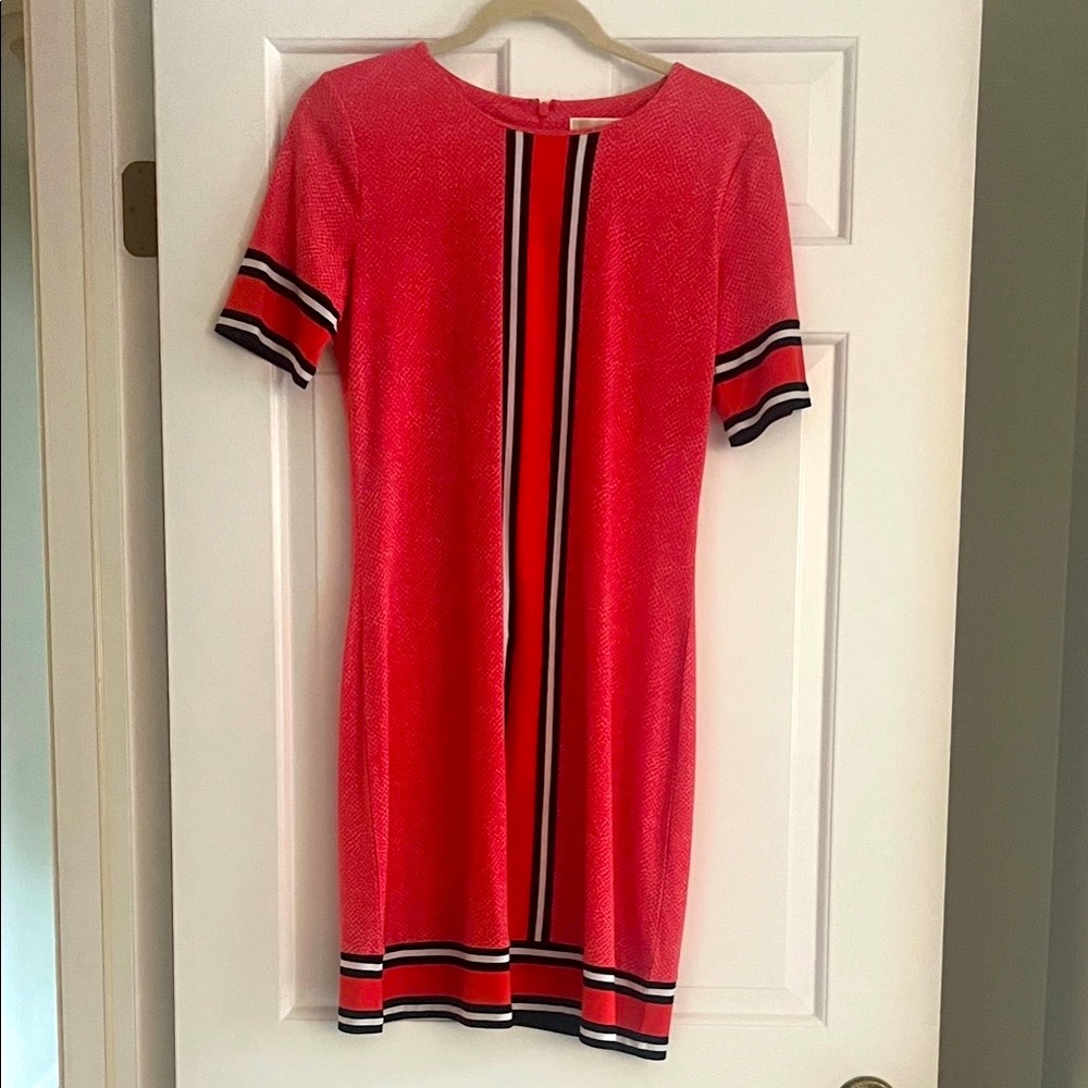 MICHAEL Michael Kors bright peach dress with Black and White Stripe trim.